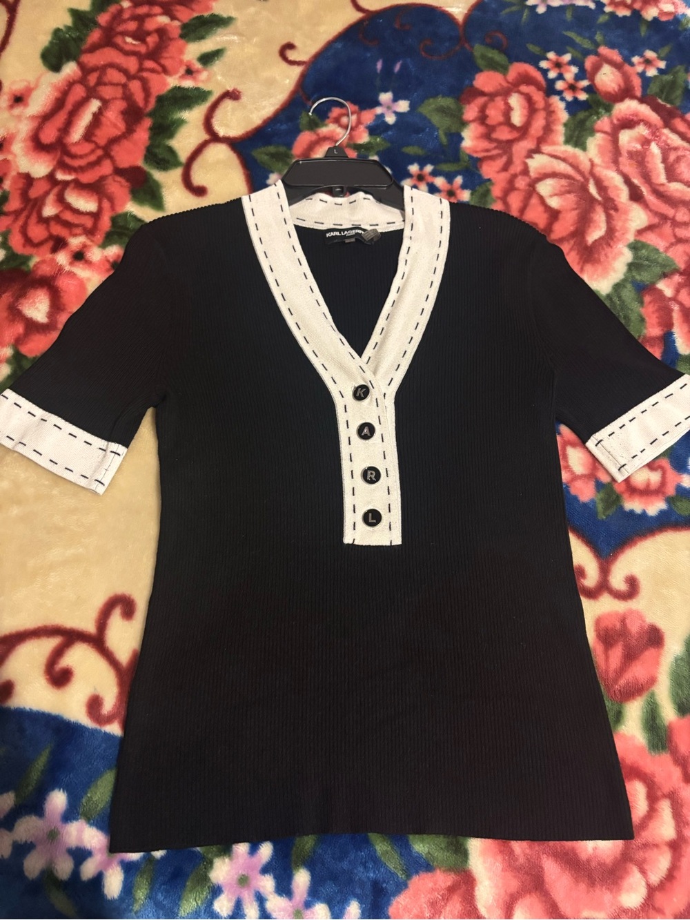 Karl Lagerfeld Black V-Neck Sweater with White Trim and Logo Buttons